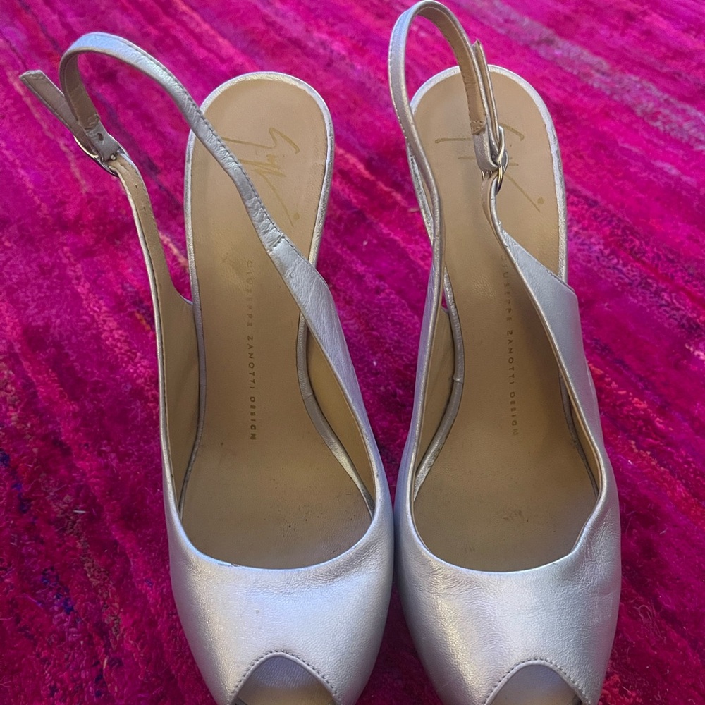 Giuseppe Zanotti Metallic Sling Back Sandals, a few scuffs on one side
